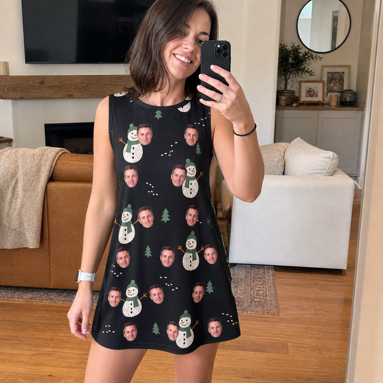 Real-life photo of someone wearing Women's Carrot Crooners Custom Face Tank Dress — custom faces printed all-over
