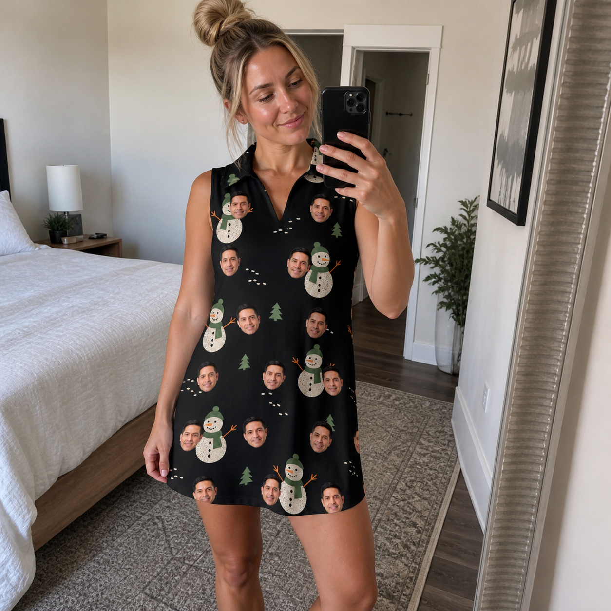Real-life photo of someone wearing Women's Carrot Crooners Custom Face V-Neck Dress — custom faces printed all-over