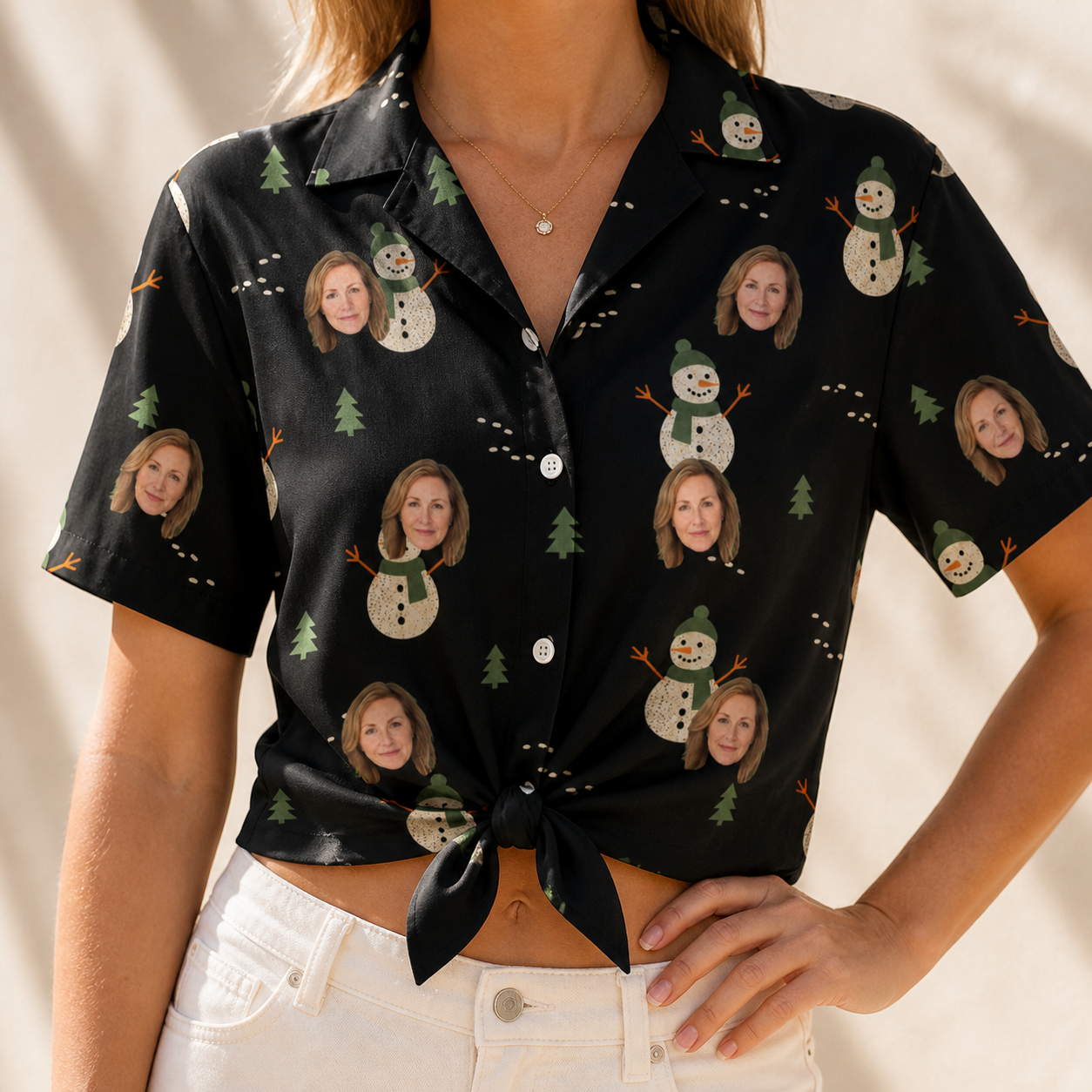 Woman wearing Women's Carrot Crooners Custom Face Hawaiian Shirt tied at the waist