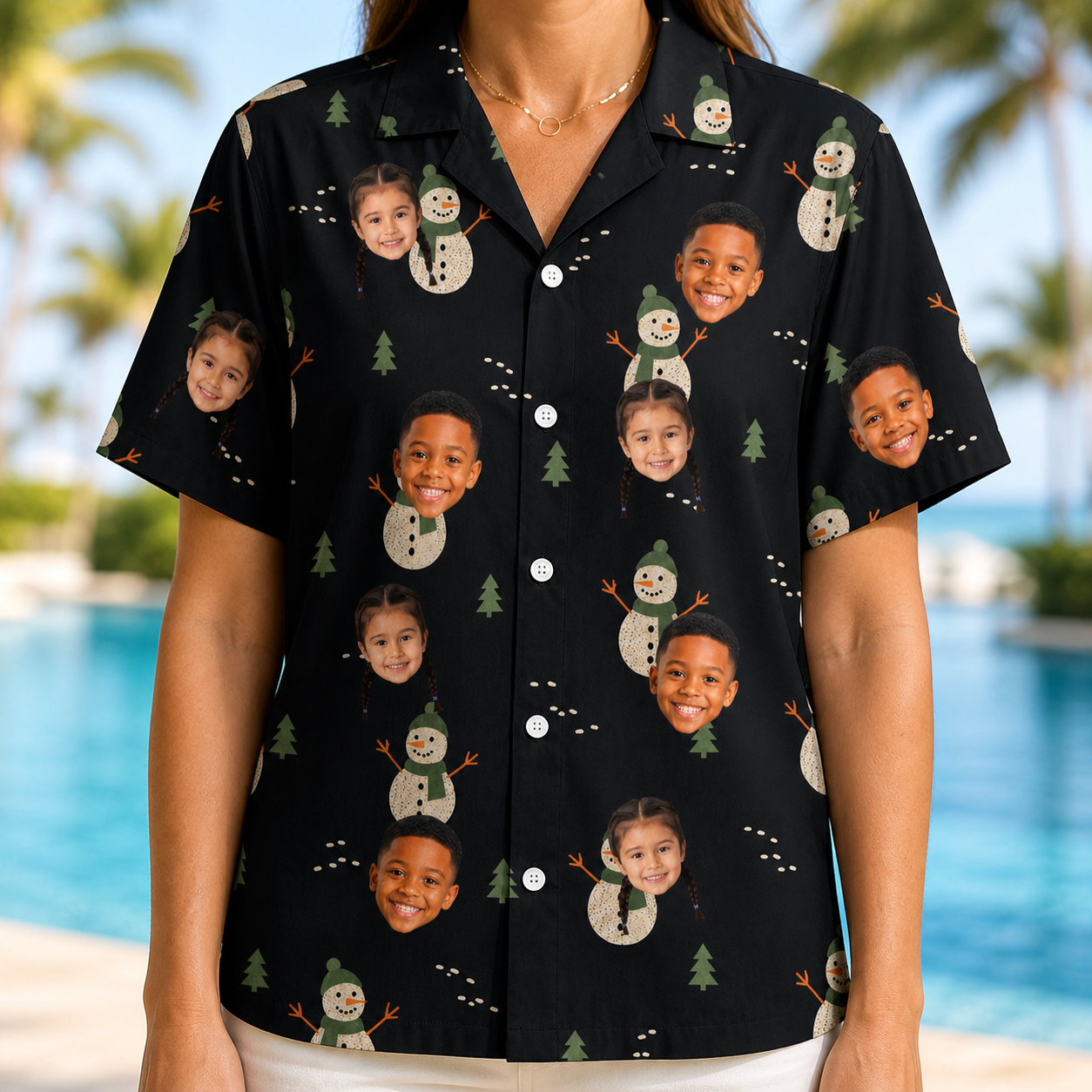 Model wearing Women's Carrot Crooners Custom Face Hawaiian Shirt printed with kids' faces