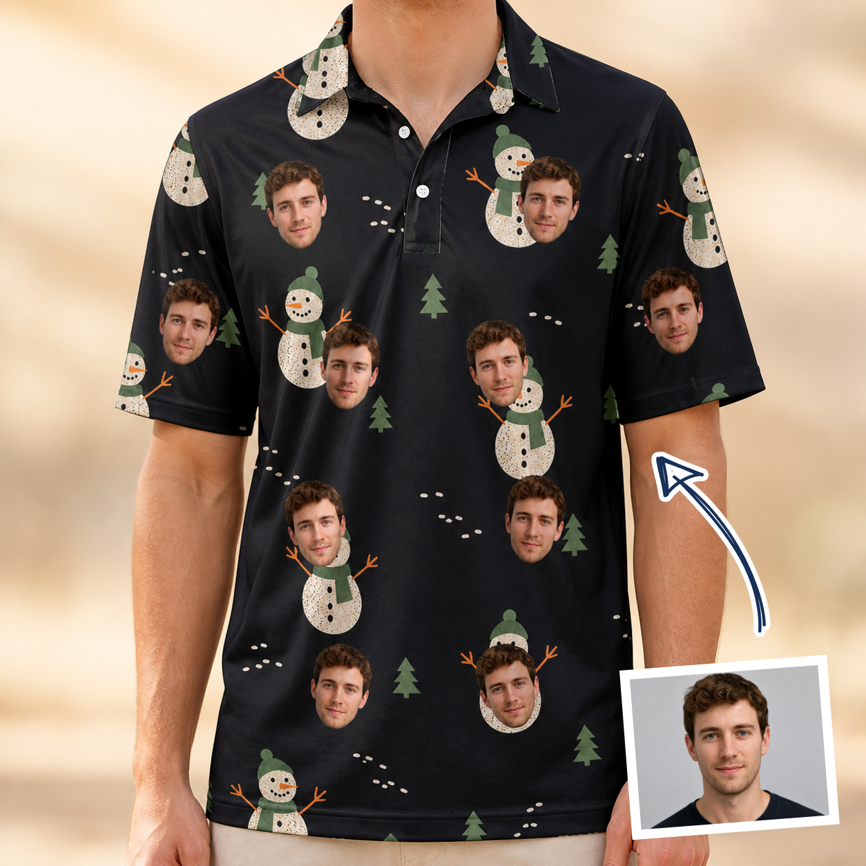 Man wearing Men's Carrot Crooners Custom Face Polo Shirt — custom faces printed all-over