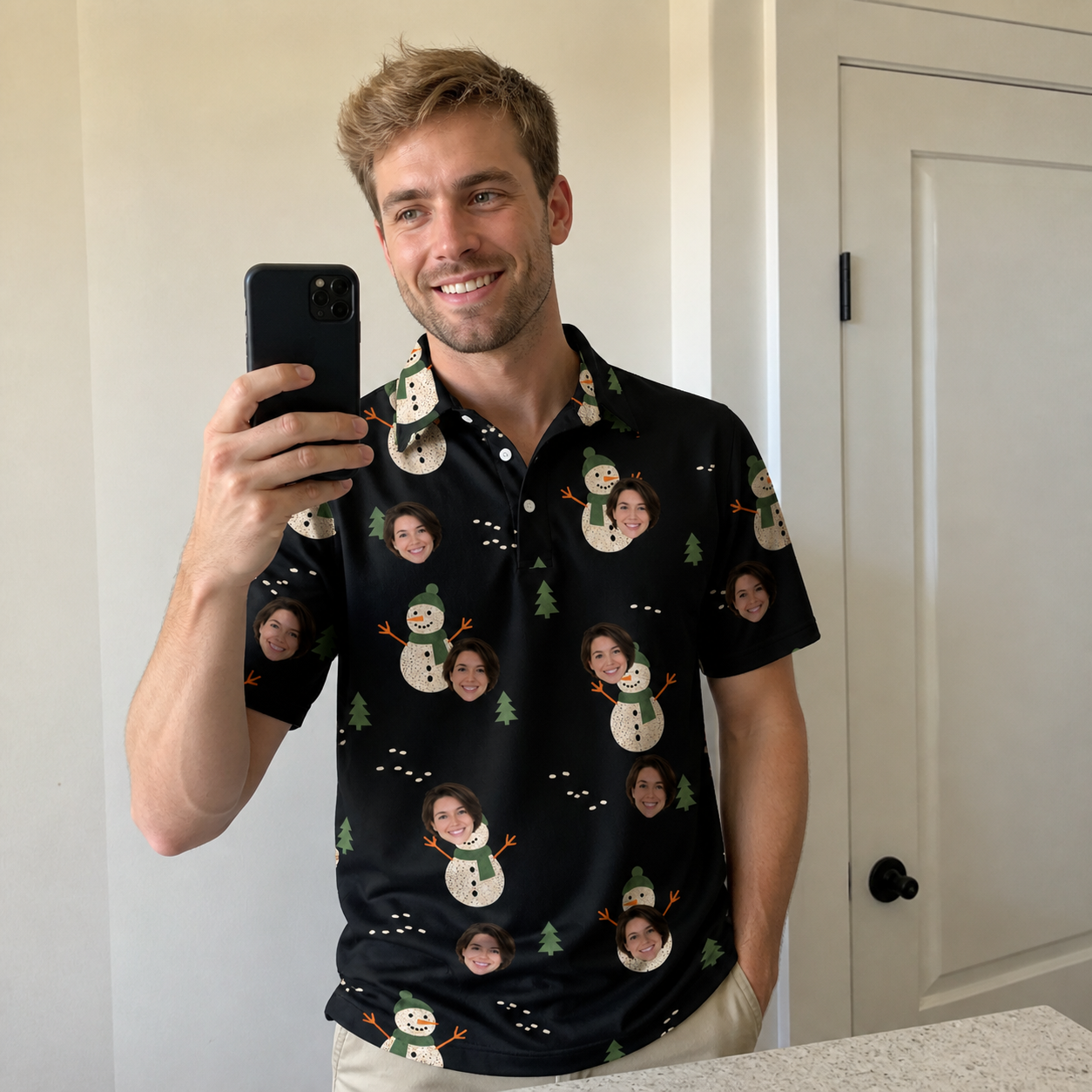 Real-life photo of someone wearing Men's Carrot Crooners Custom Face Polo Shirt — custom faces printed all-over