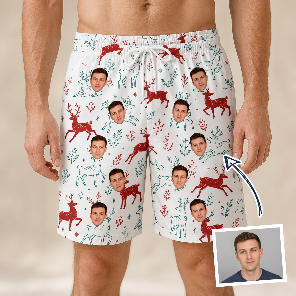 Man wearing Men's Prancer Pranks Custom Face Beach Shorts — custom faces printed all-over