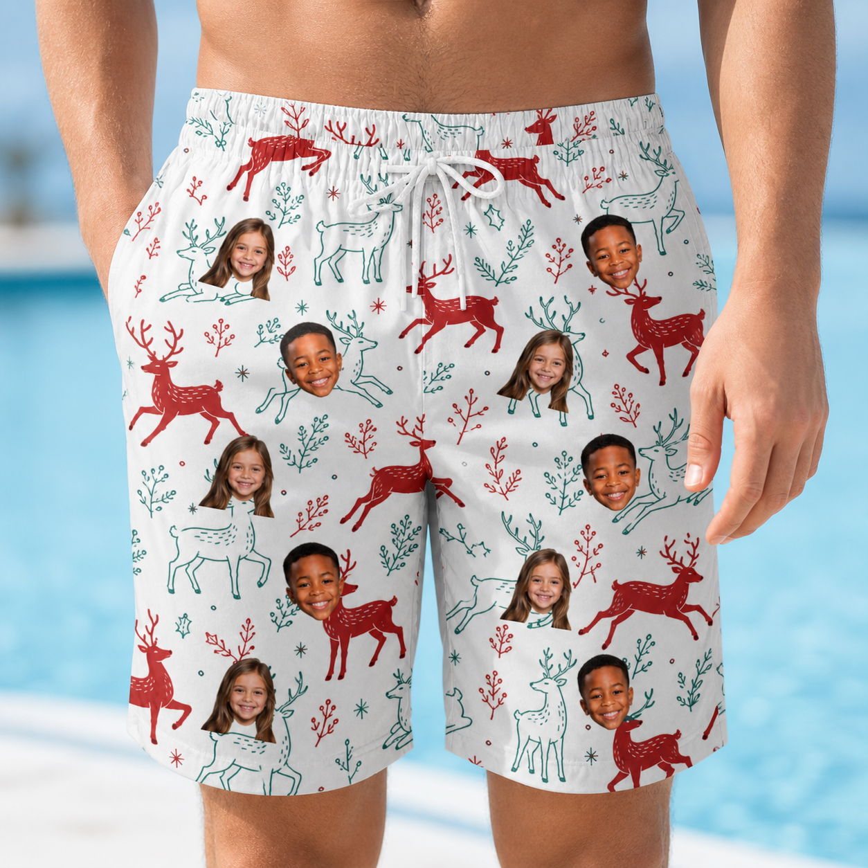 Model wearing Men's Prancer Pranks Custom Face Beach Shorts printed with kids' faces
