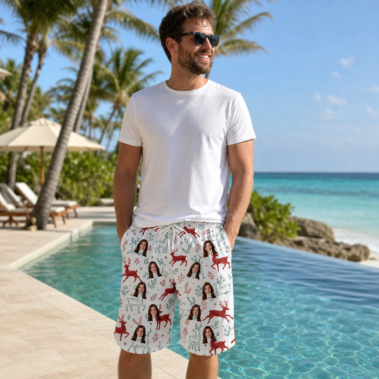 Real-life photo of someone wearing Men's Prancer Pranks Custom Face Beach Shorts — custom faces printed all-over