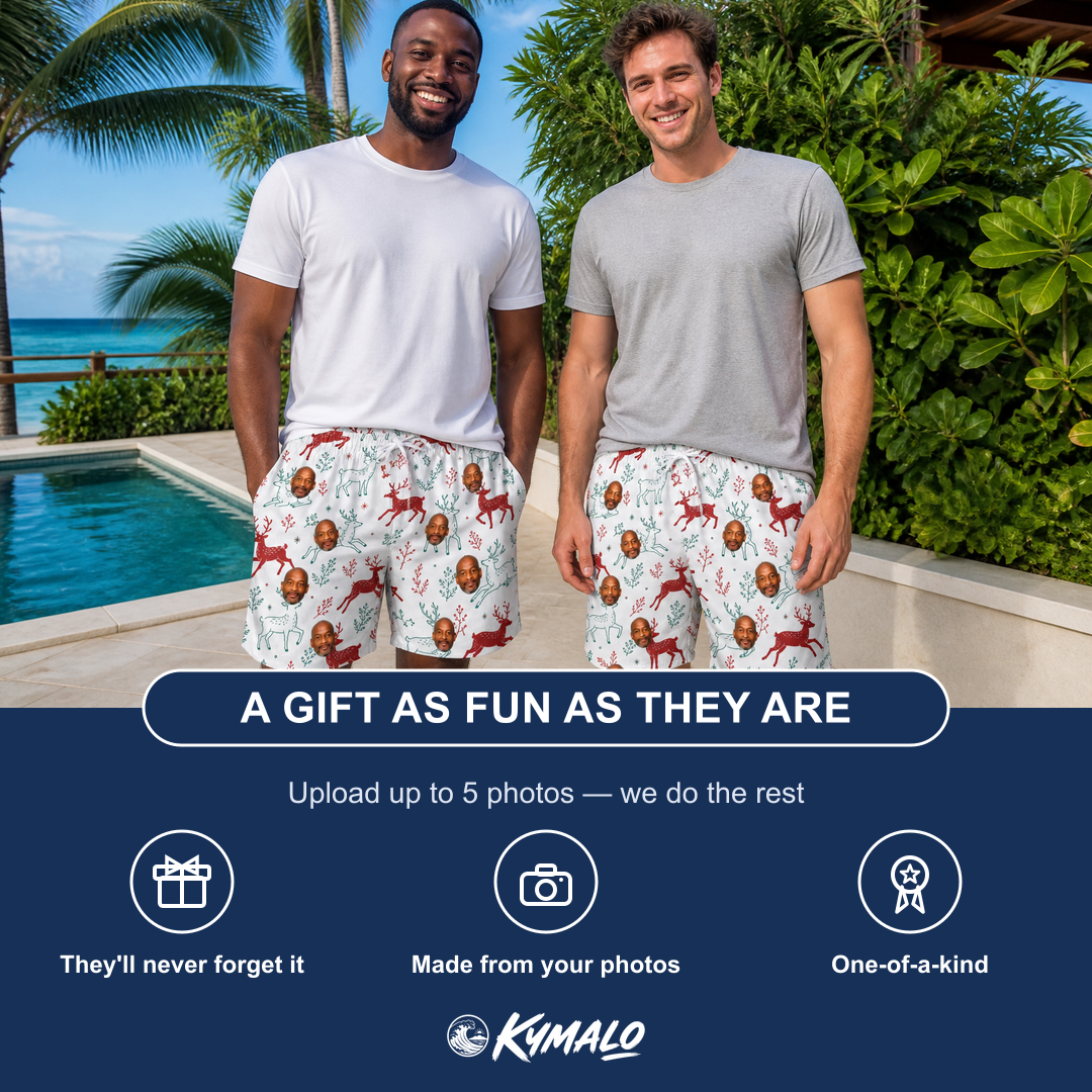 Friends in matching Men's Prancer Pranks Custom Face Beach Shorts — a group gift photo
