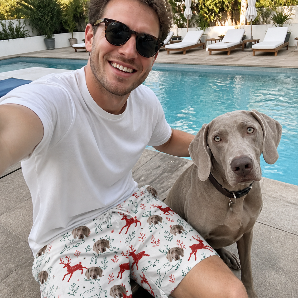 Selfie with the pet whose face is printed all over this Men's Prancer Pranks Custom Dog Face Beach Shorts