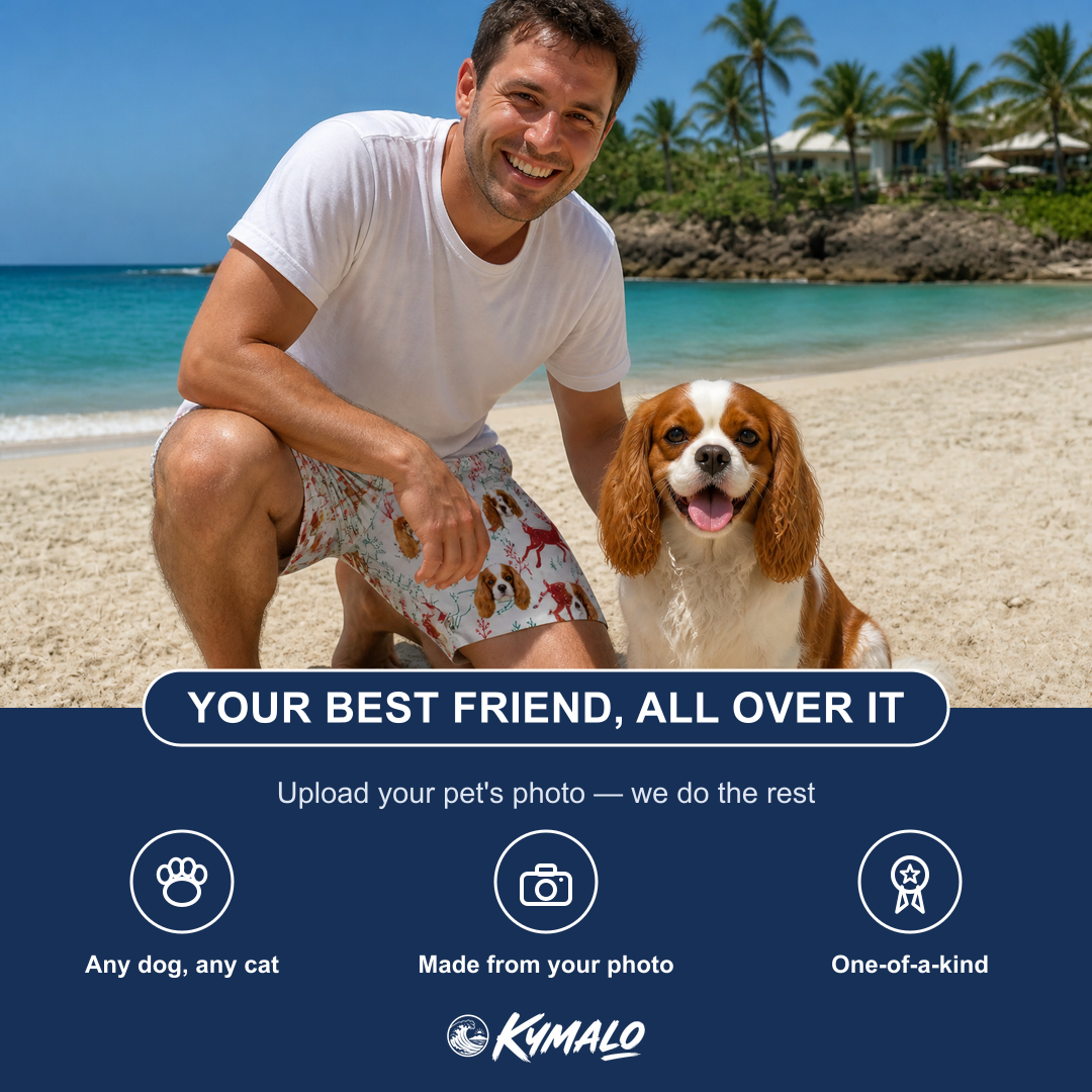 Friends in matching Men's Prancer Pranks Custom Dog Face Beach Shorts — a group gift photo