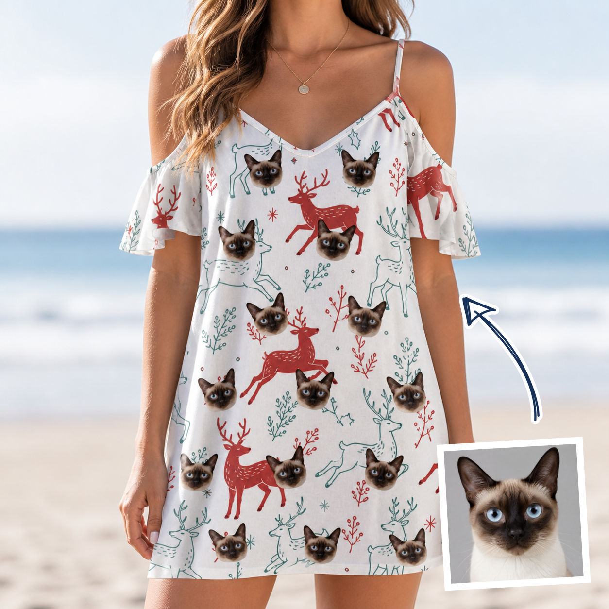 Woman wearing Women's Prancer Pranks Custom Cat Face Off-Shoulder Dress — custom faces printed all-over