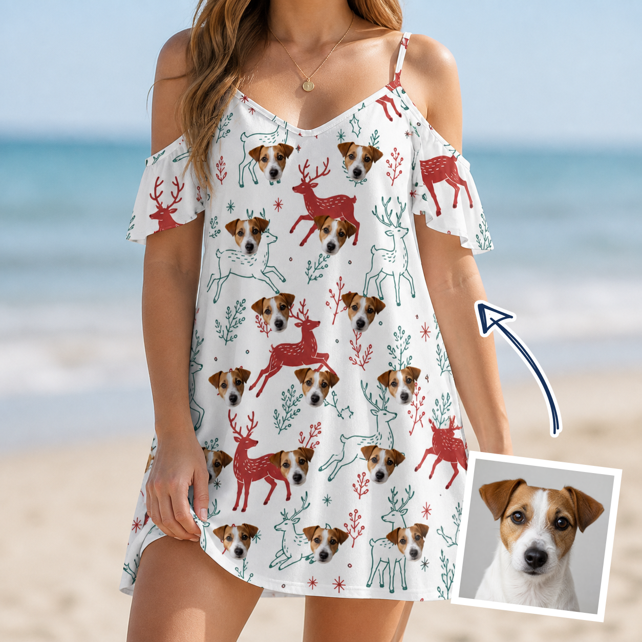 Woman wearing Women's Prancer Pranks Custom Dog Face Off-Shoulder Dress — custom faces printed all-over