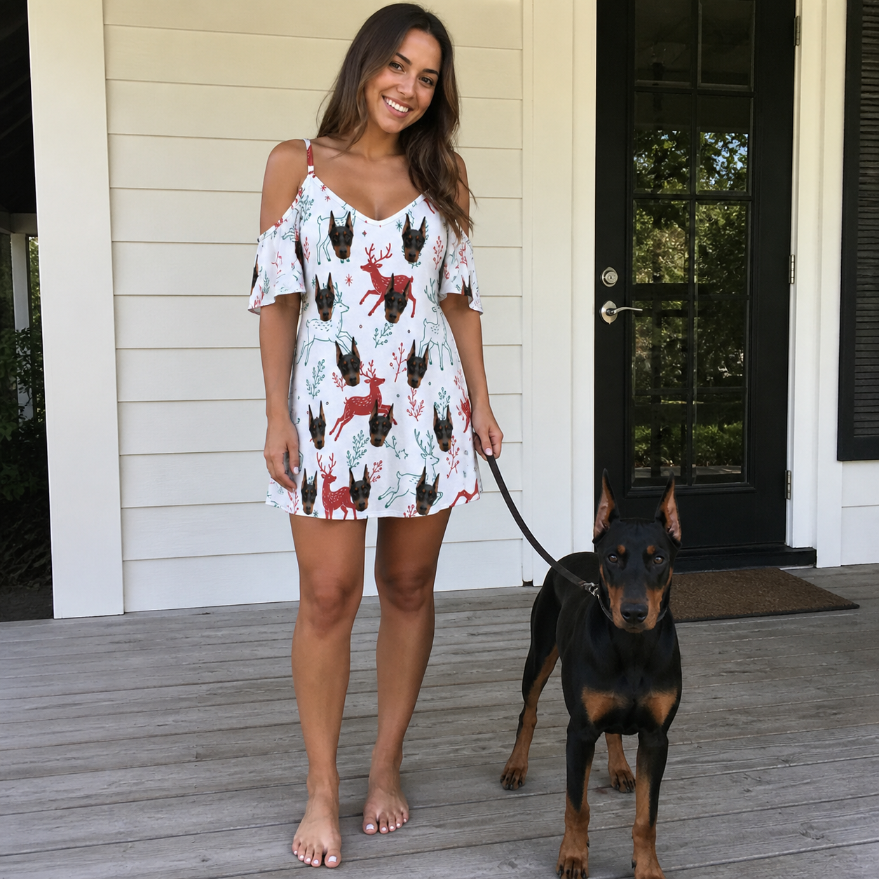 Full-length photo with the pet printed all over this Women's Prancer Pranks Custom Dog Face Off-Shoulder Dress