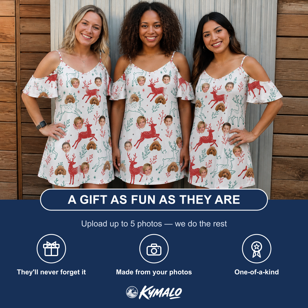 Friends in matching Women's Prancer Pranks Custom Face Off-Shoulder Dress — a group gift photo