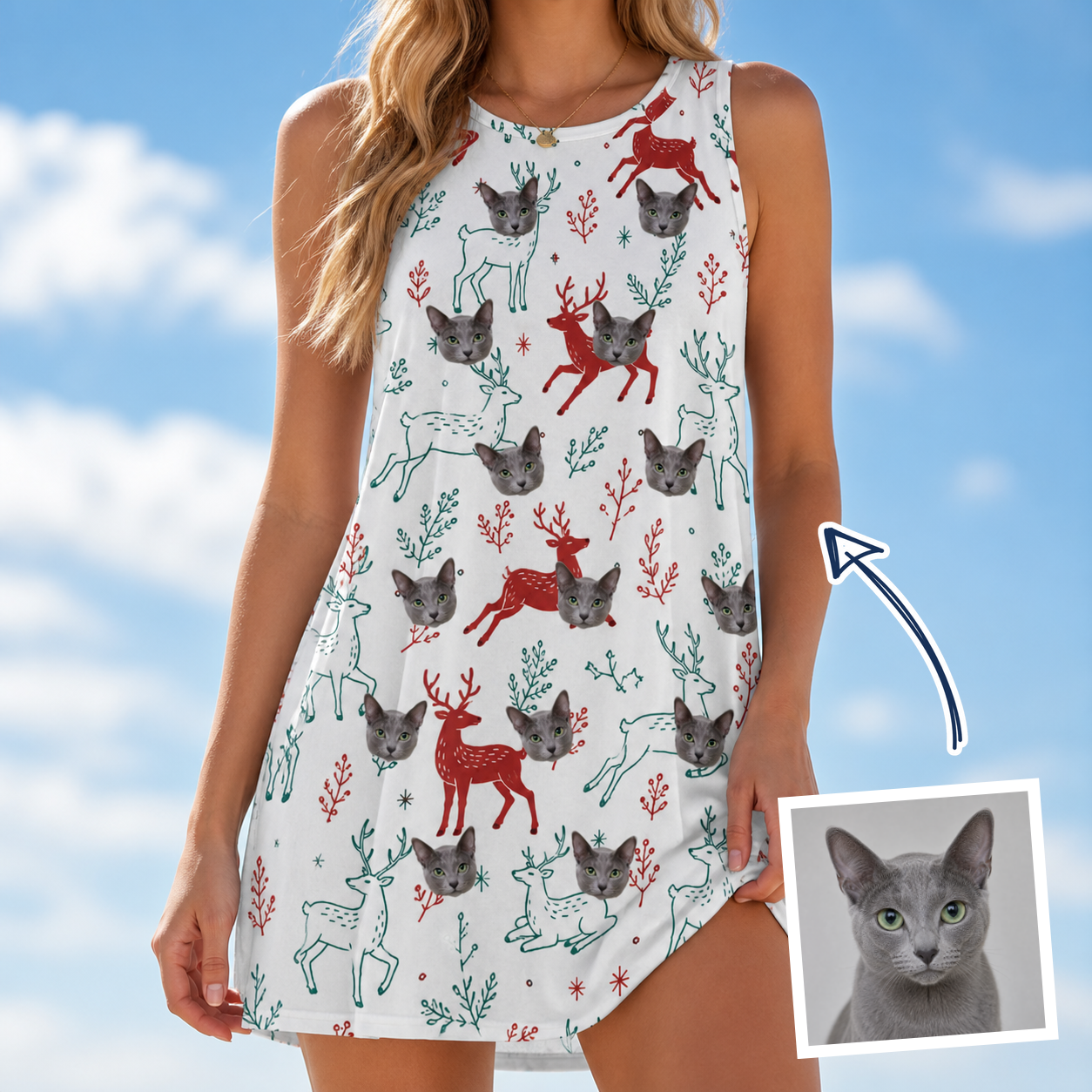 Woman wearing Women's Prancer Pranks Custom Cat Face Tank Dress — custom faces printed all-over