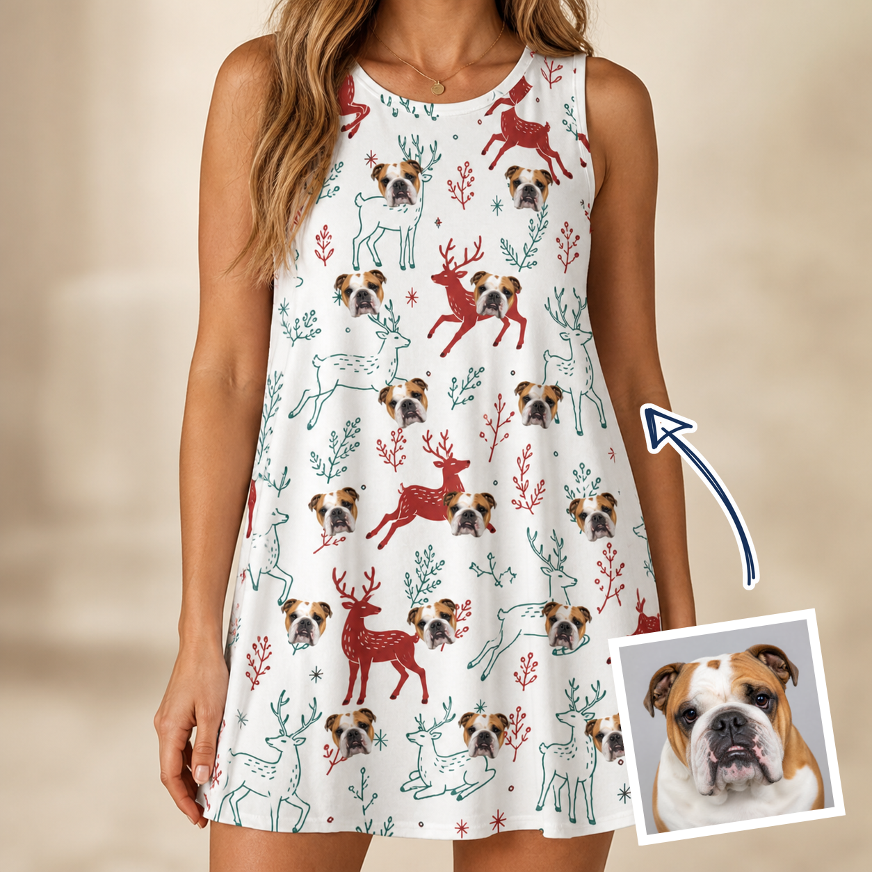Woman wearing Women's Prancer Pranks Custom Dog Face Tank Dress — custom faces printed all-over