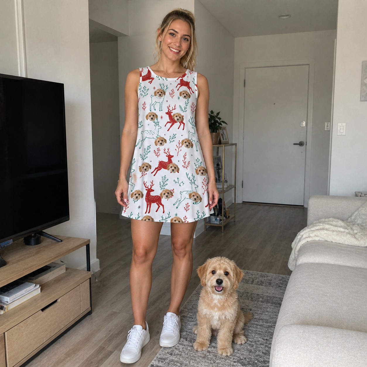 Full-length photo with the pet printed all over this Women's Prancer Pranks Custom Dog Face Tank Dress