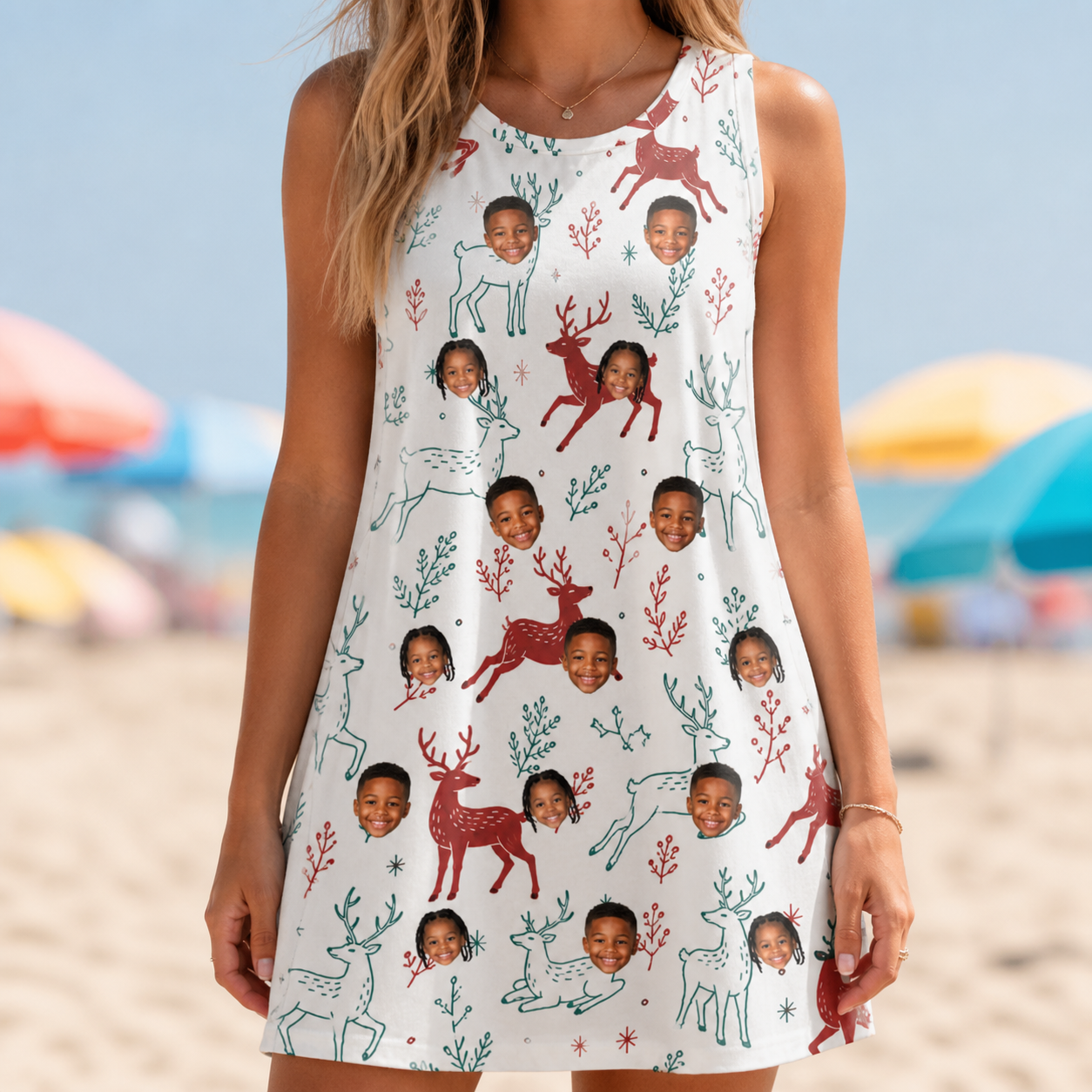Model wearing Women's Prancer Pranks Custom Face Tank Dress printed with kids' faces