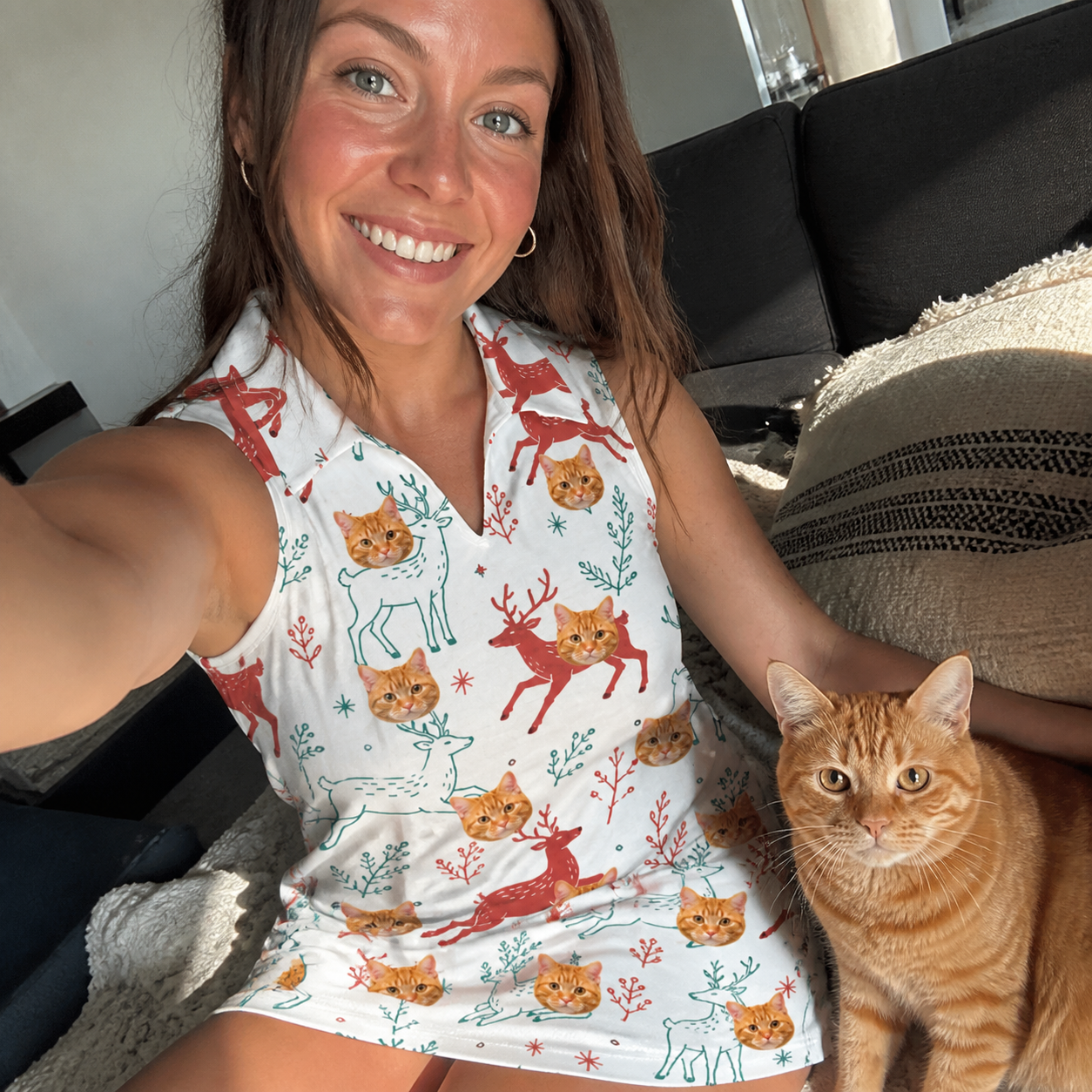 Selfie with the pet whose face is printed all over this Women's Prancer Pranks Custom Cat Face V-Neck Dress