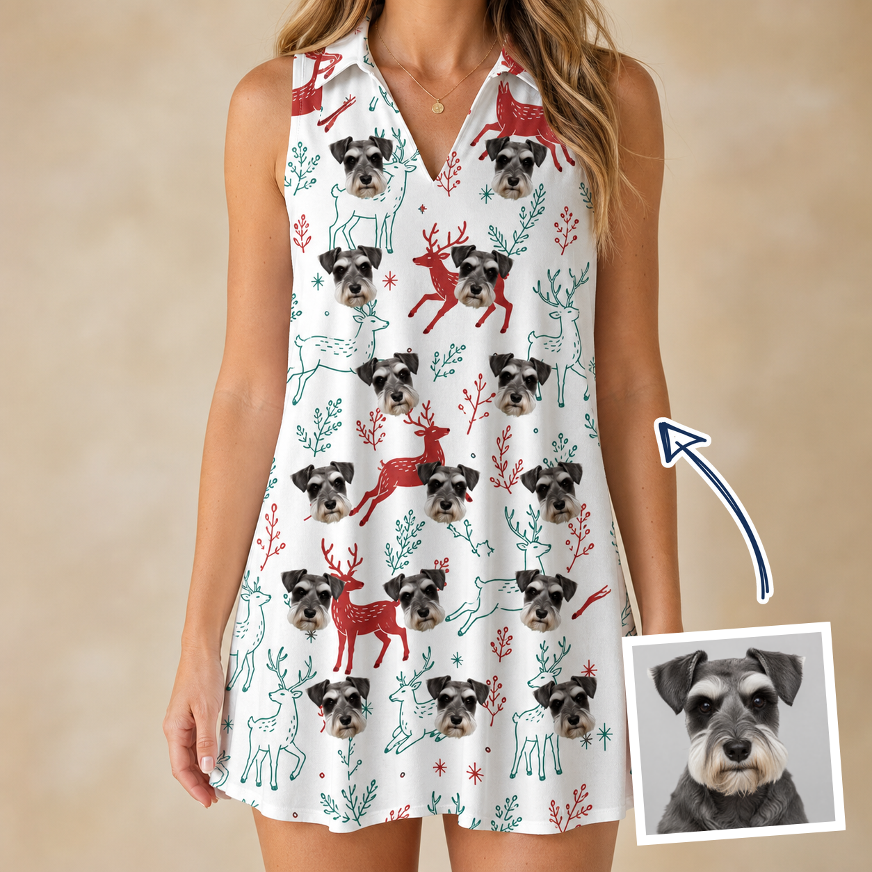 Woman wearing Women's Prancer Pranks Custom Dog Face V-Neck Dress — custom faces printed all-over