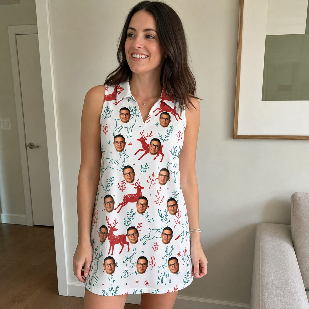 Real-life photo of someone wearing Women's Prancer Pranks Custom Face V-Neck Dress — custom faces printed all-over