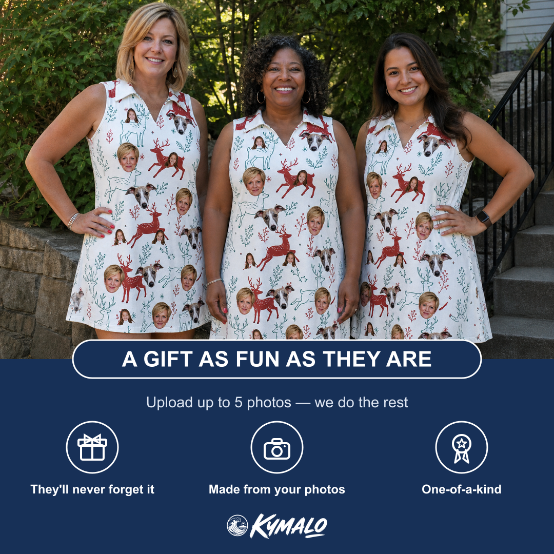 Friends in matching Women's Prancer Pranks Custom Face V-Neck Dress — a group gift photo