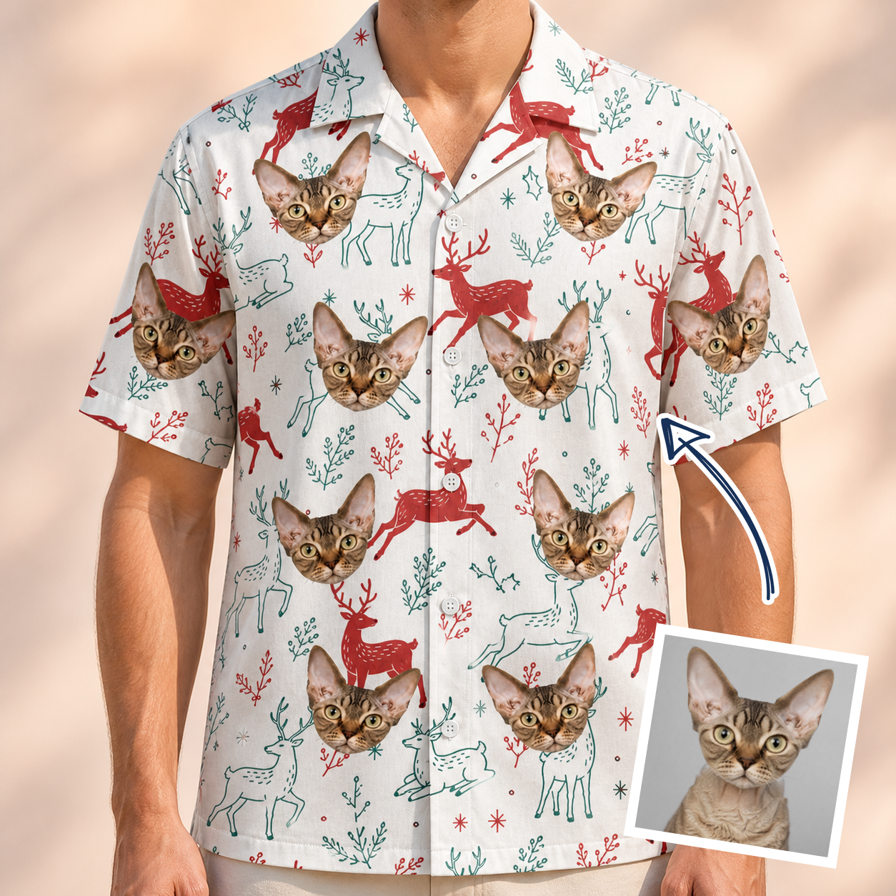 Man wearing Men's Prancer Pranks Custom Cat Face Hawaiian Shirt — custom faces printed all-over
