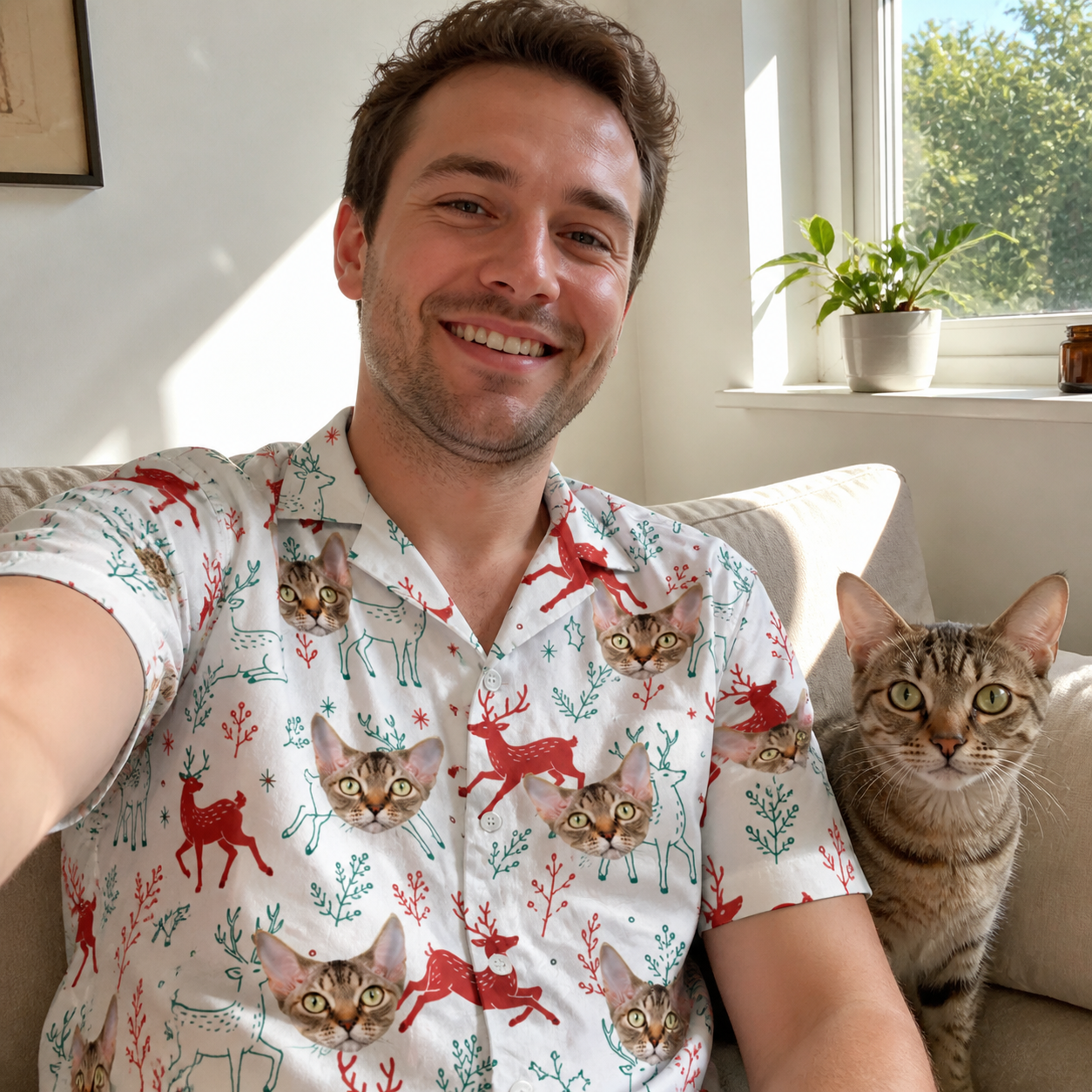 Selfie with the pet whose face is printed all over this Men's Prancer Pranks Custom Cat Face Hawaiian Shirt