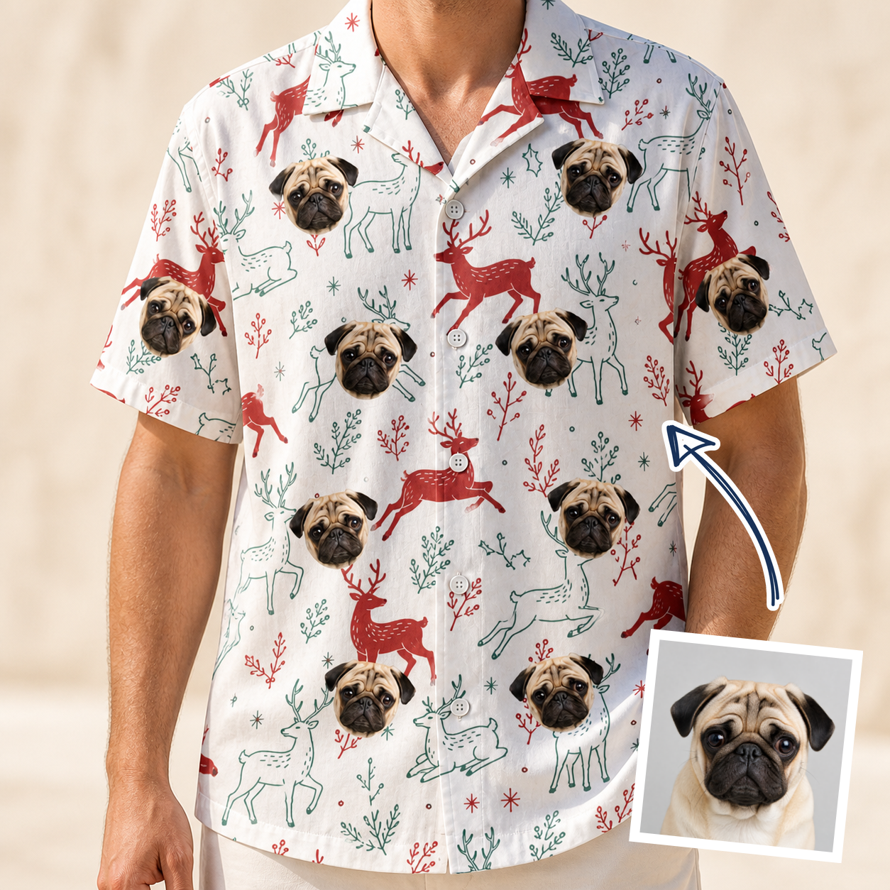 Man wearing Men's Prancer Pranks Custom Dog Face Hawaiian Shirt — custom faces printed all-over
