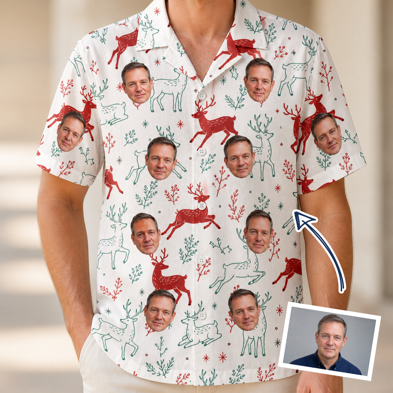 Man wearing Men's Prancer Pranks Custom Face Hawaiian Shirt — custom faces printed all-over