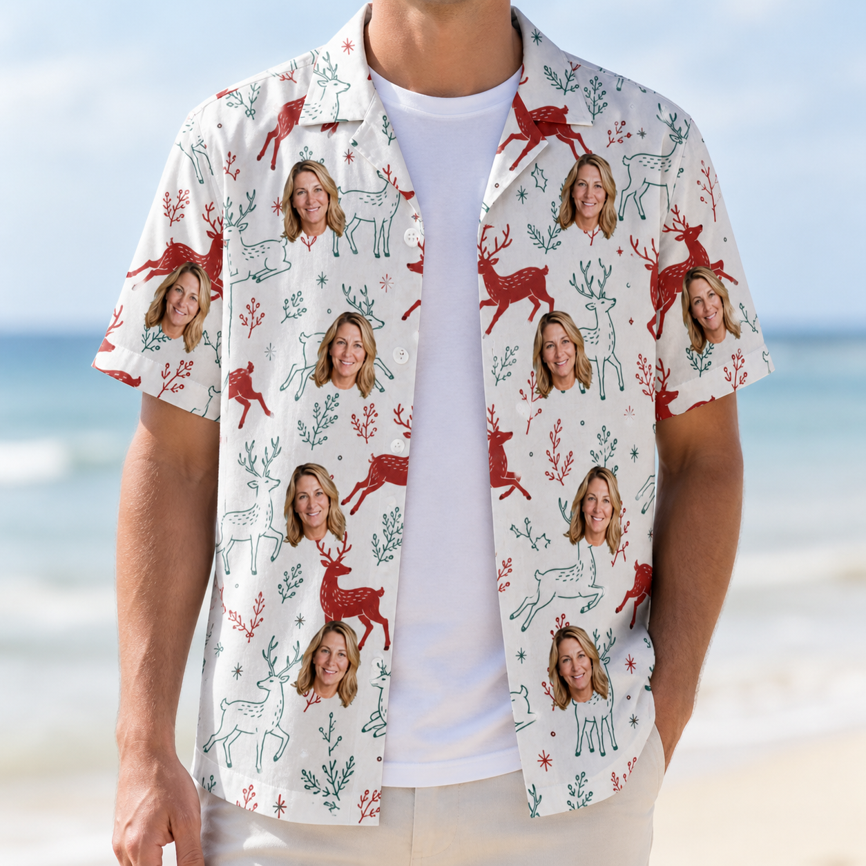 Man wearing Men's Prancer Pranks Custom Face Hawaiian Shirt open over a white tee