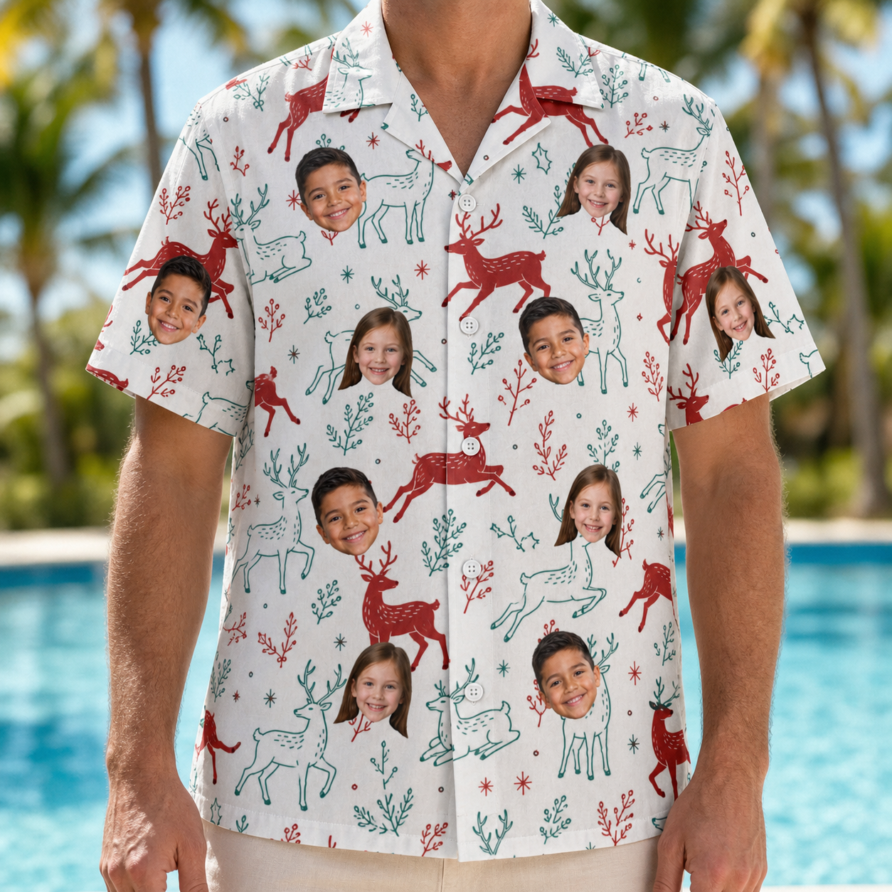 Model wearing Men's Prancer Pranks Custom Face Hawaiian Shirt printed with kids' faces