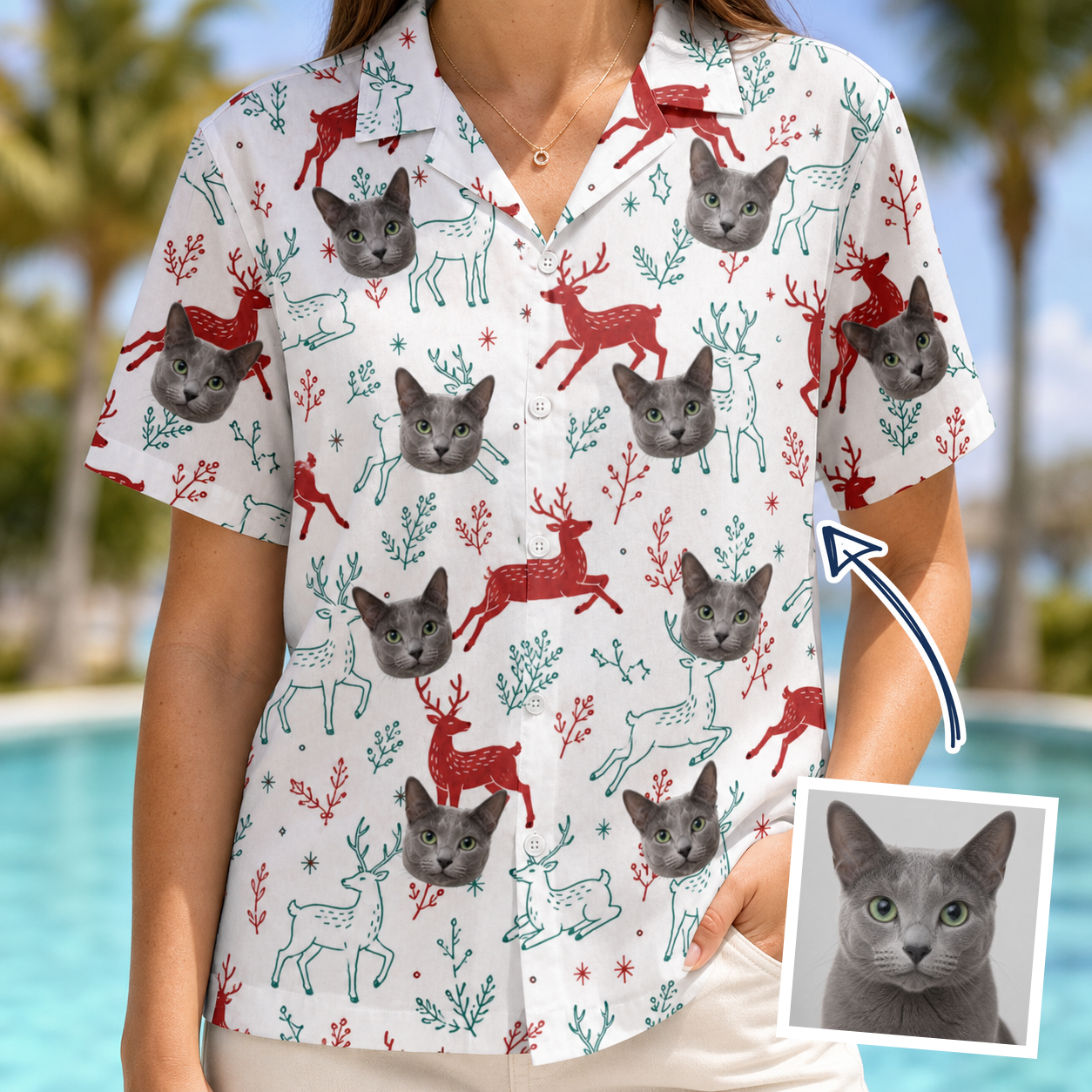 Woman wearing Women's Prancer Pranks Custom Cat Face Hawaiian Shirt — custom faces printed all-over