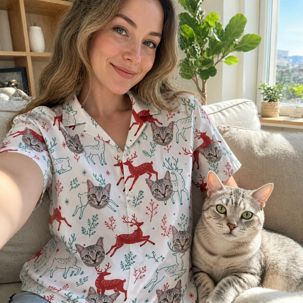 Selfie with the pet whose face is printed all over this Women's Prancer Pranks Custom Cat Face Hawaiian Shirt