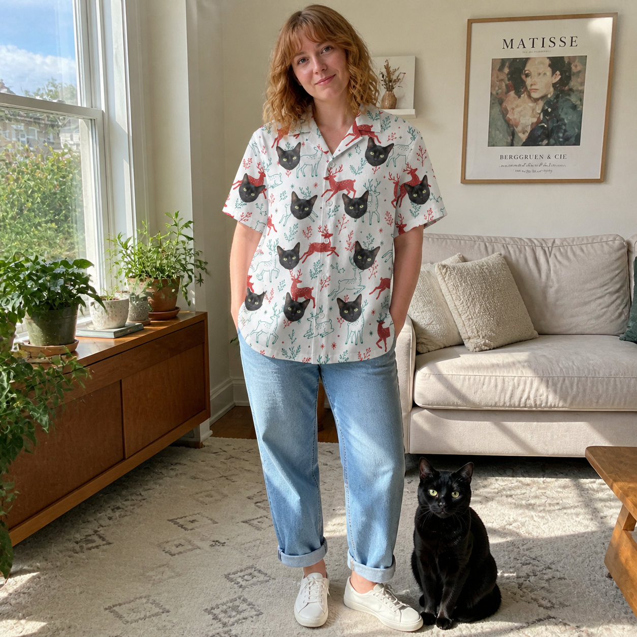 Full-length photo with the pet printed all over this Women's Prancer Pranks Custom Cat Face Hawaiian Shirt