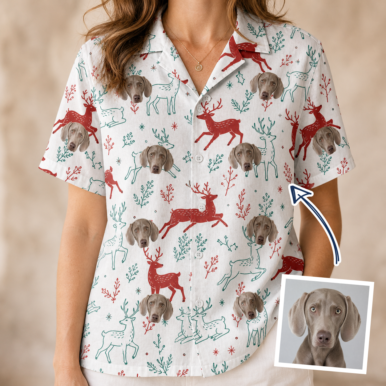 Woman wearing Women's Prancer Pranks Custom Dog Face Hawaiian Shirt — custom faces printed all-over