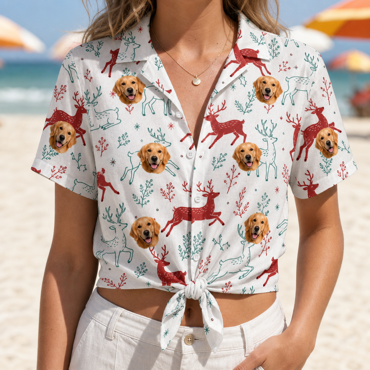 Woman wearing Women's Prancer Pranks Custom Dog Face Hawaiian Shirt tied at the waist