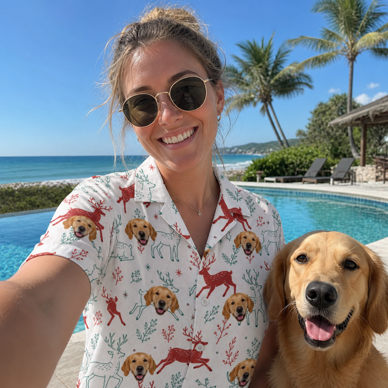 Selfie with the pet whose face is printed all over this Women's Prancer Pranks Custom Dog Face Hawaiian Shirt