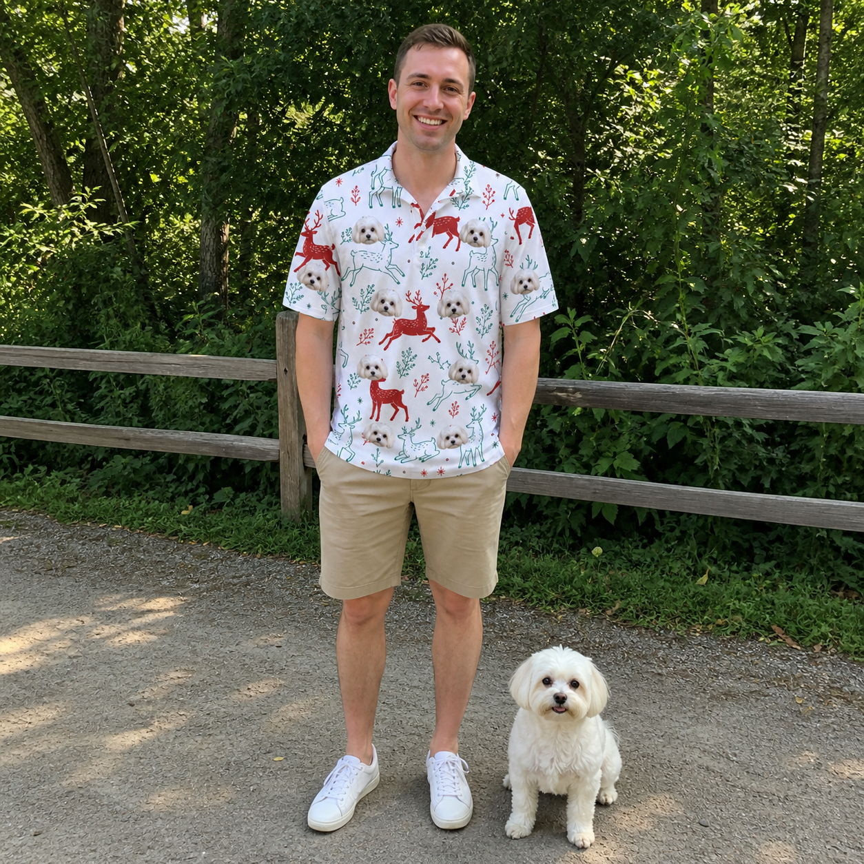 Full-length photo with the pet printed all over this Men's Prancer Pranks Custom Dog Face Polo Shirt