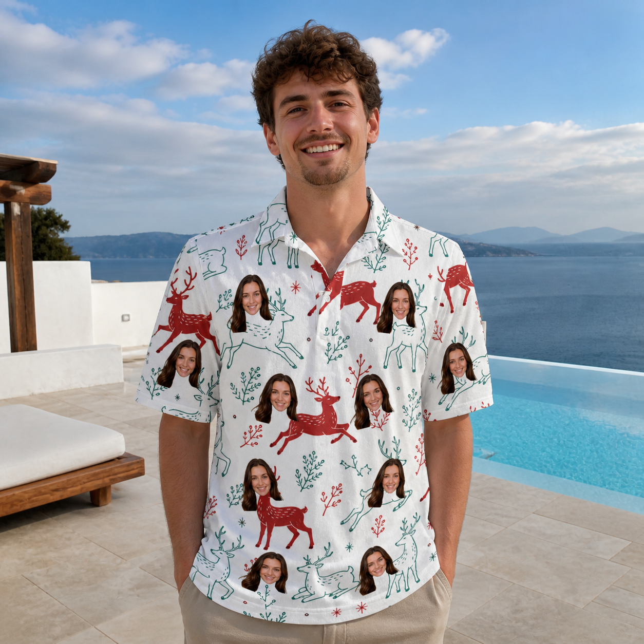 Real-life photo of someone wearing Men's Prancer Pranks Custom Face Polo Shirt — custom faces printed all-over