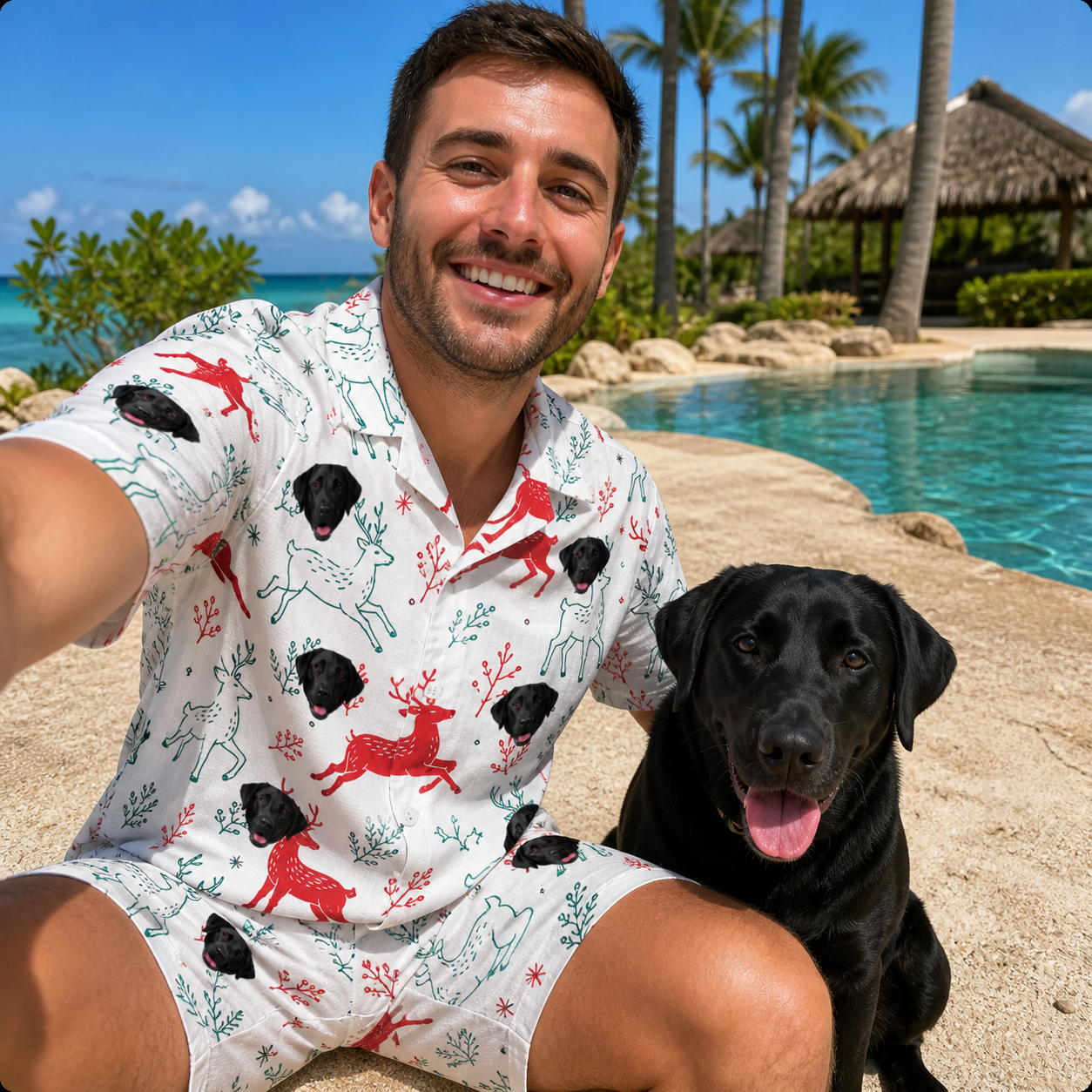 Selfie with the pet whose face is printed all over this Men's Prancer Pranks Custom Dog Face Shirt & Shorts Set