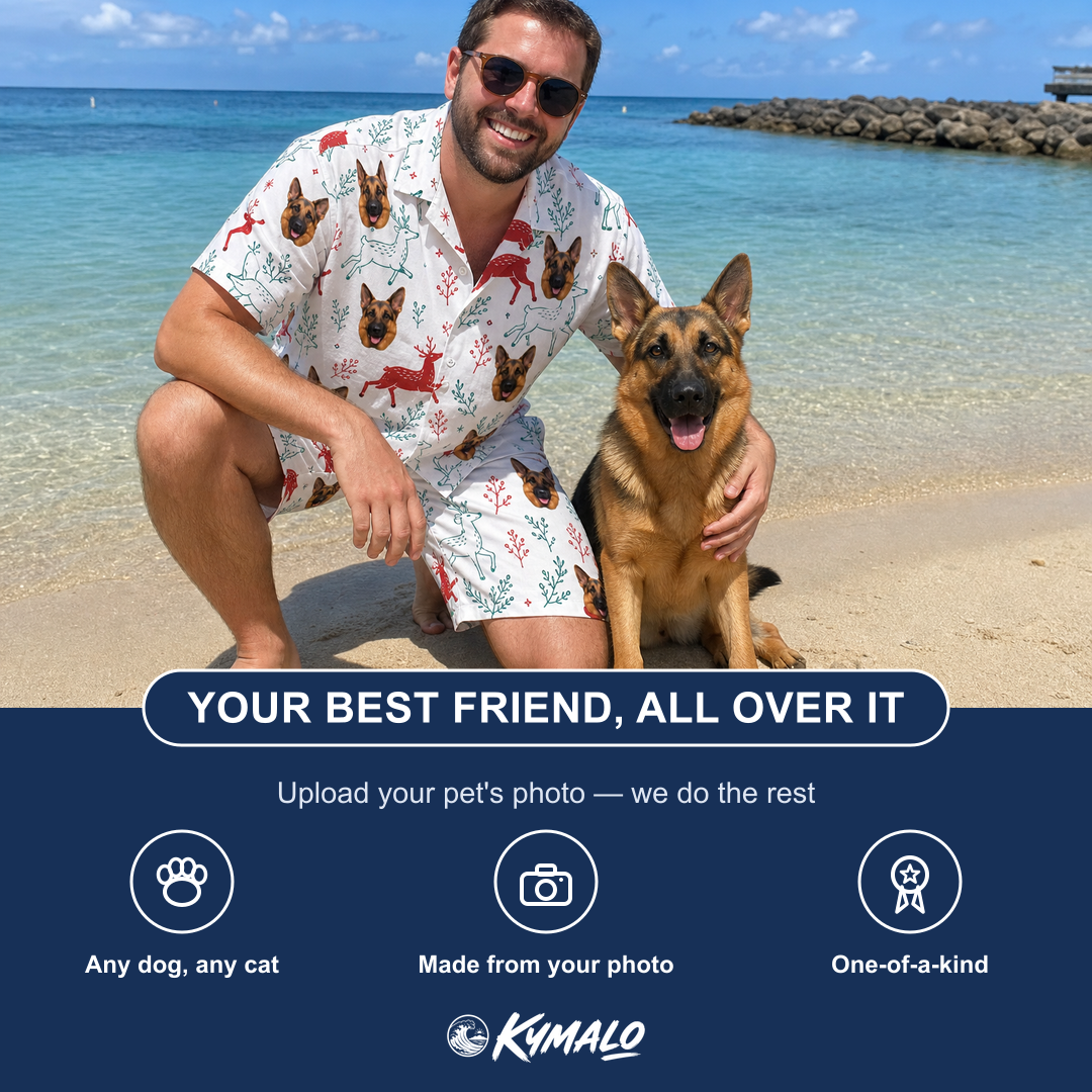 Friends in matching Men's Prancer Pranks Custom Dog Face Shirt & Shorts Set — a group gift photo