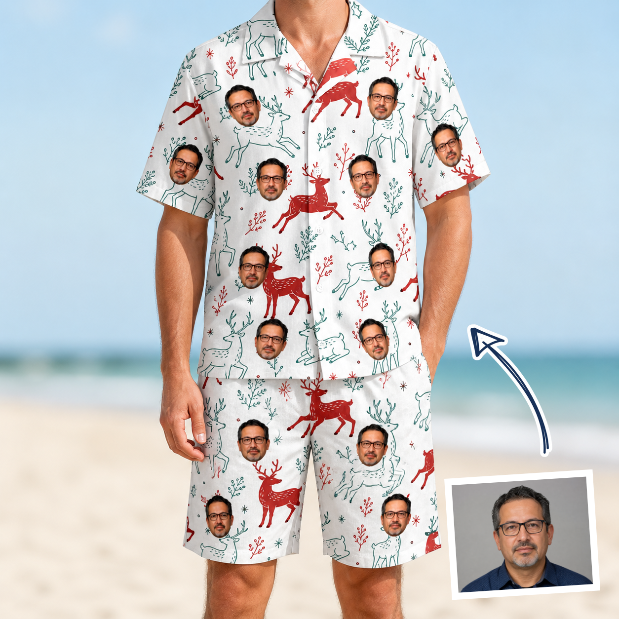 Man wearing Men's Prancer Pranks Custom Face Shirt & Shorts Set — custom faces printed all-over
