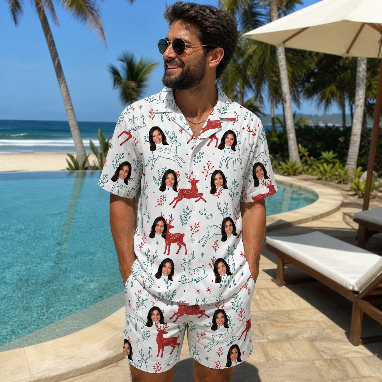 Real-life photo of someone wearing Men's Prancer Pranks Custom Face Shirt & Shorts Set — custom faces printed all-over