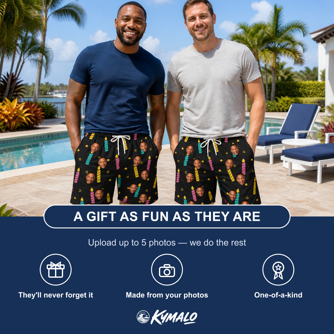 Friends in matching Men's Wick Winks Custom Face Beach Shorts — a group gift photo
