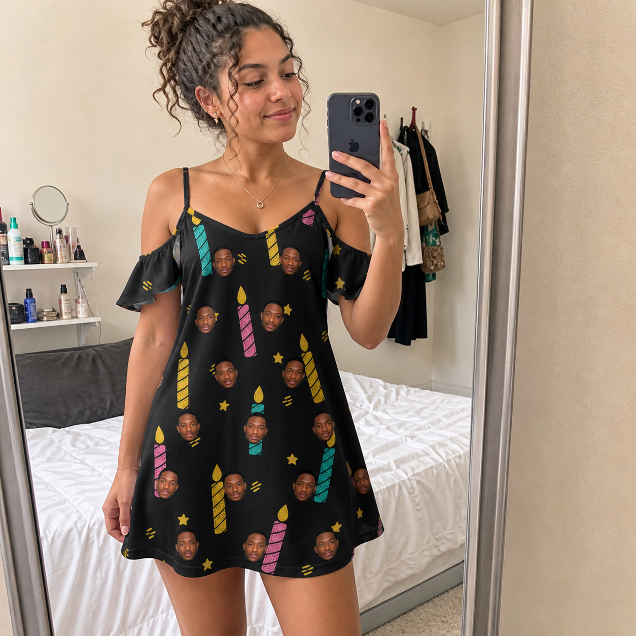 Real-life photo of someone wearing Women's Wick Winks Custom Face Off-Shoulder Dress — custom faces printed all-over