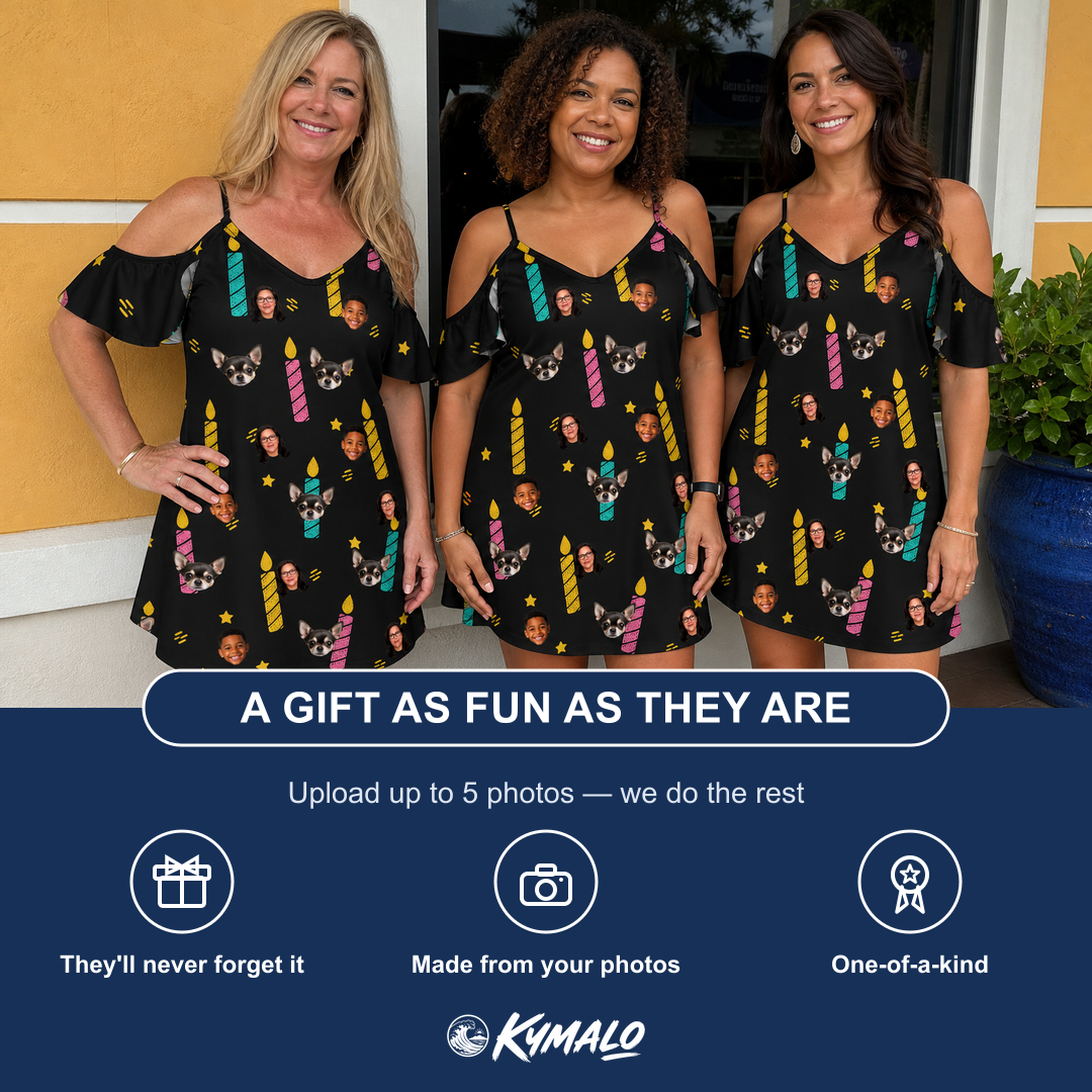Friends in matching Women's Wick Winks Custom Face Off-Shoulder Dress — a group gift photo
