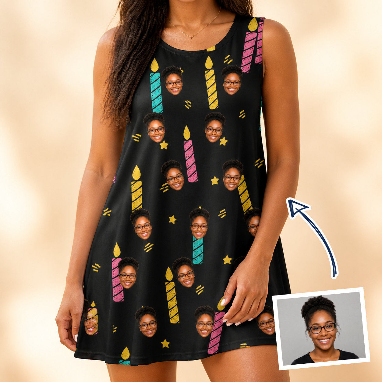 Woman wearing Women's Wick Winks Custom Face Tank Dress — custom faces printed all-over
