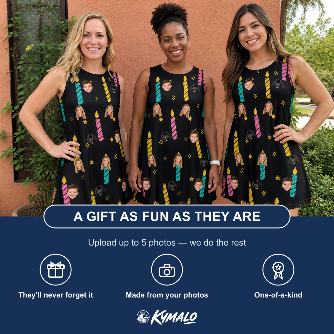 Friends in matching Women's Wick Winks Custom Face Tank Dress — a group gift photo
