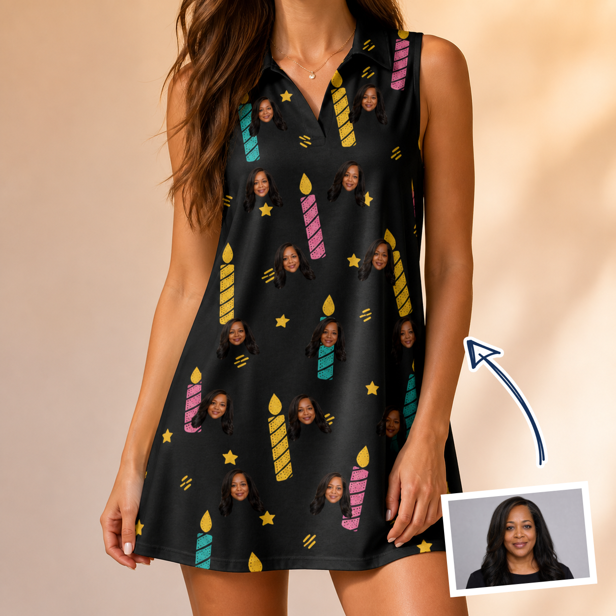 Woman wearing Women's Wick Winks Custom Face V-Neck Dress — custom faces printed all-over