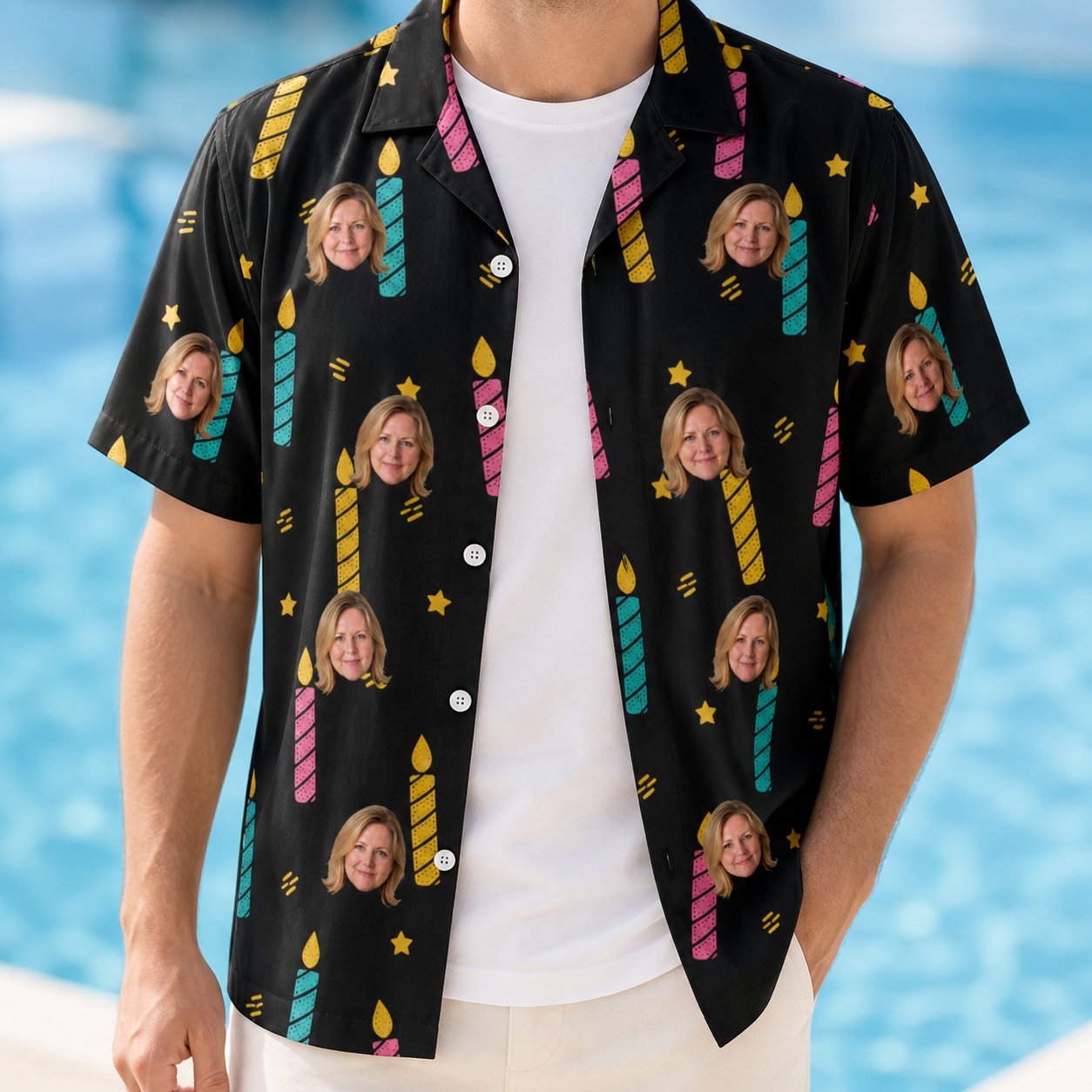 Man wearing Men's Wick Winks Custom Face Hawaiian Shirt open over a white tee