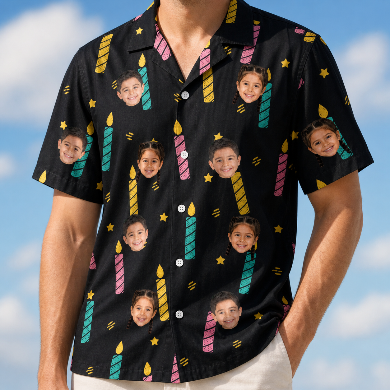 Model wearing Men's Wick Winks Custom Face Hawaiian Shirt printed with kids' faces